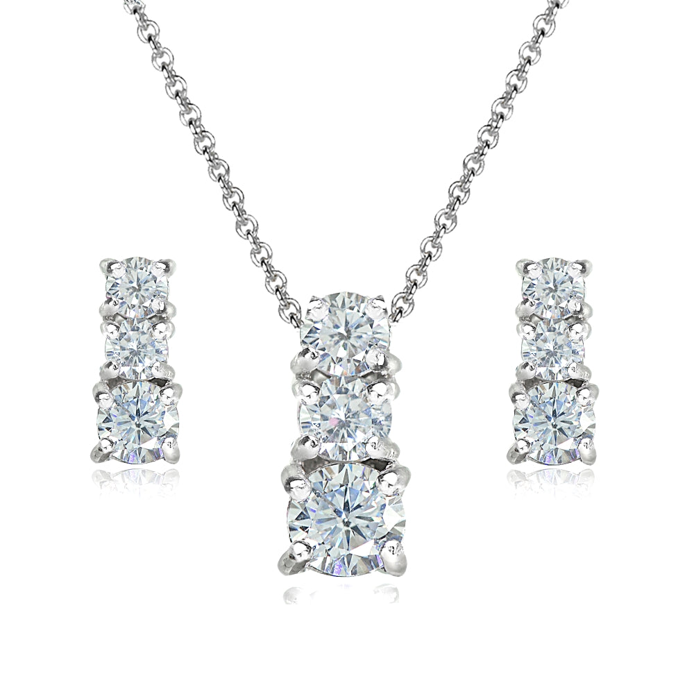 Sterling Silver Cubic Zirconia Round Graduating Three Stone Stud Earrings & Necklace Set
