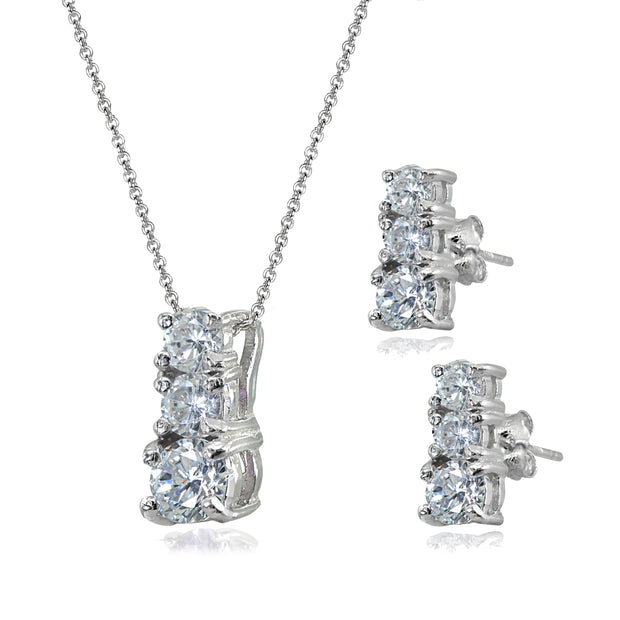 Sterling Silver Cubic Zirconia Round Graduating Three Stone Stud Earrings & Necklace Set