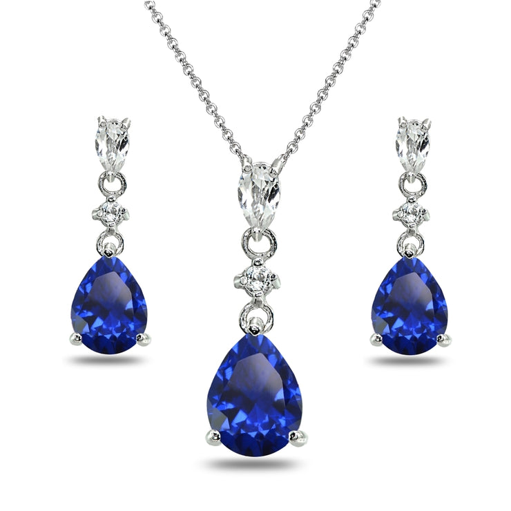 Sterling Silver Created Blue Sapphire & White Topaz Pear-Cut Teardrop Dangling Stud Earrings & Necklace Set