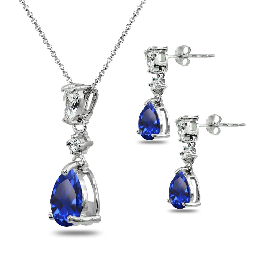 Sterling Silver Created Blue Sapphire & White Topaz Pear-Cut Teardrop Dangling Stud Earrings & Necklace Set-2