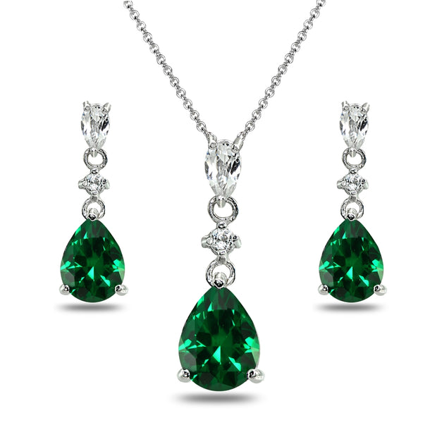 Sterling Silver Created Emerald & White Topaz Pear-Cut Teardrop Dangling Stud Earrings & Necklace Set