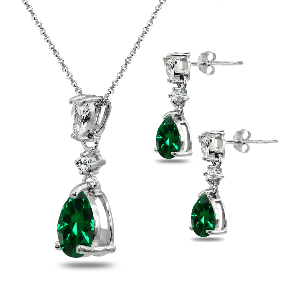 Sterling Silver Created Emerald & White Topaz Pear-Cut Teardrop Dangling Stud Earrings & Necklace Set-2