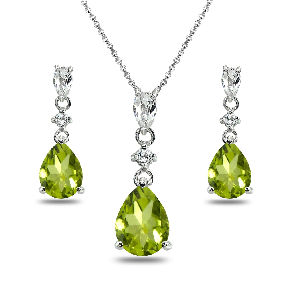 Sterling Silver Peridot & White Topaz Pear-Cut Teardrop Dangling Stud Earrings & Necklace Set