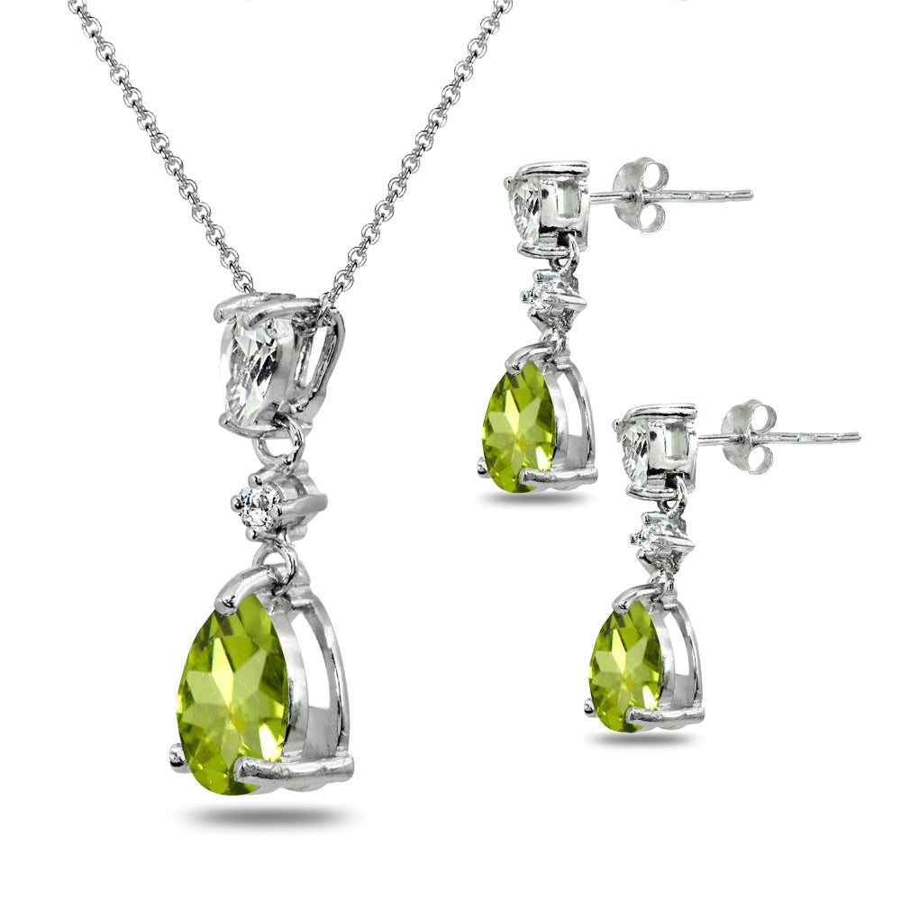 Sterling Silver Peridot & White Topaz Pear-Cut Teardrop Dangling Stud Earrings & Necklace Set-2