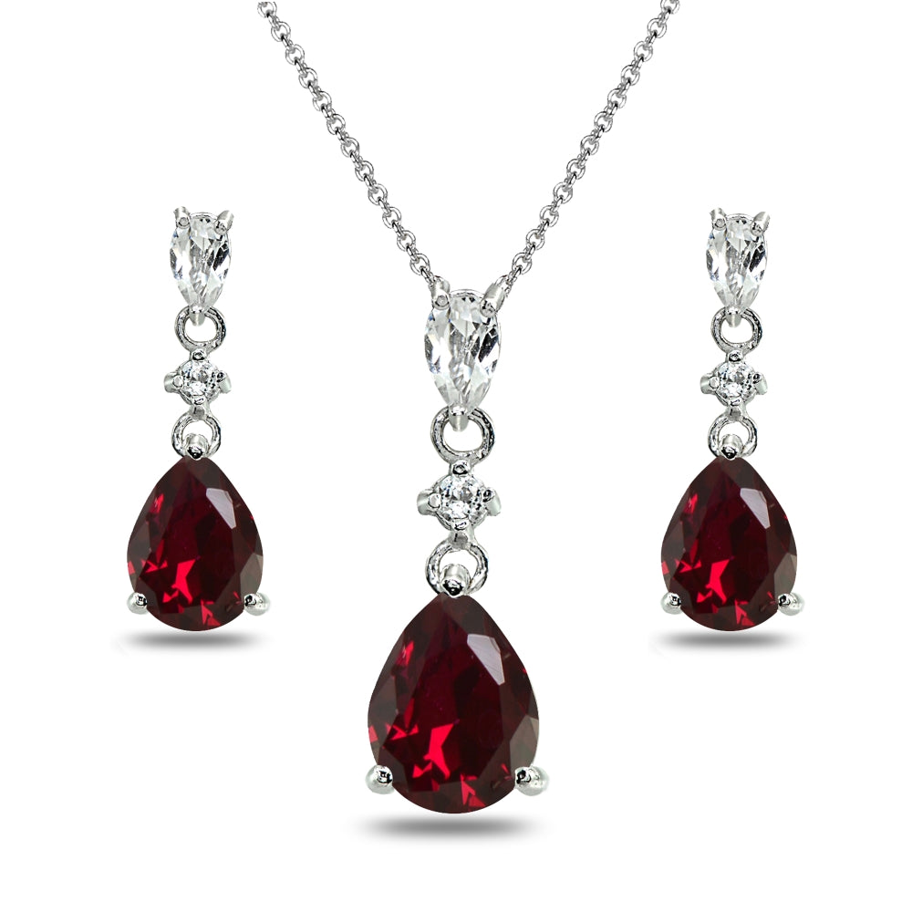 Sterling Silver Created Ruby & White Topaz Pear-Cut Teardrop Dangling Stud Earrings & Necklace Set