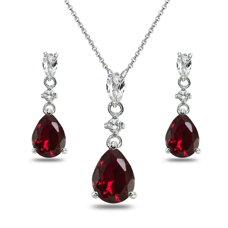 Sterling Silver Created Ruby & White Topaz Pear-Cut Teardrop Dangling Stud Earrings & Necklace Set
