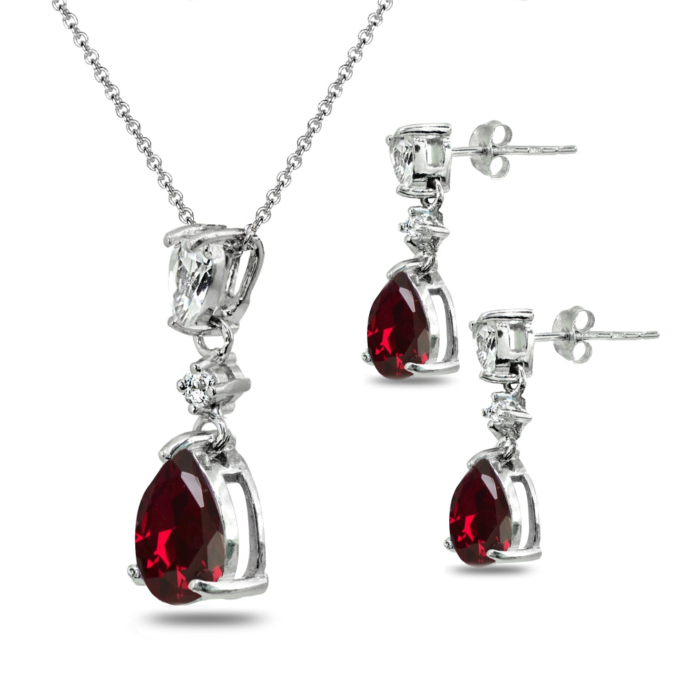 Sterling Silver Created Ruby & White Topaz Pear-Cut Teardrop Dangling Stud Earrings & Necklace Set-2