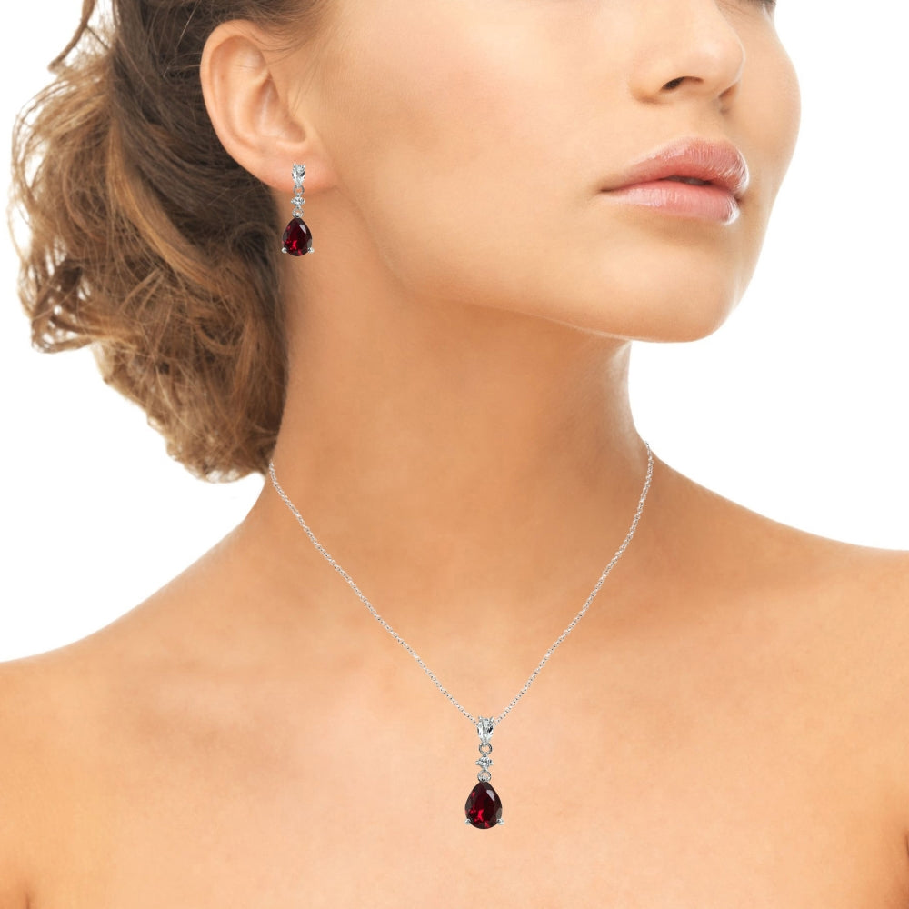 Sterling Silver Created Ruby & White Topaz Pear-Cut Teardrop Dangling Stud Earrings & Necklace Set-3