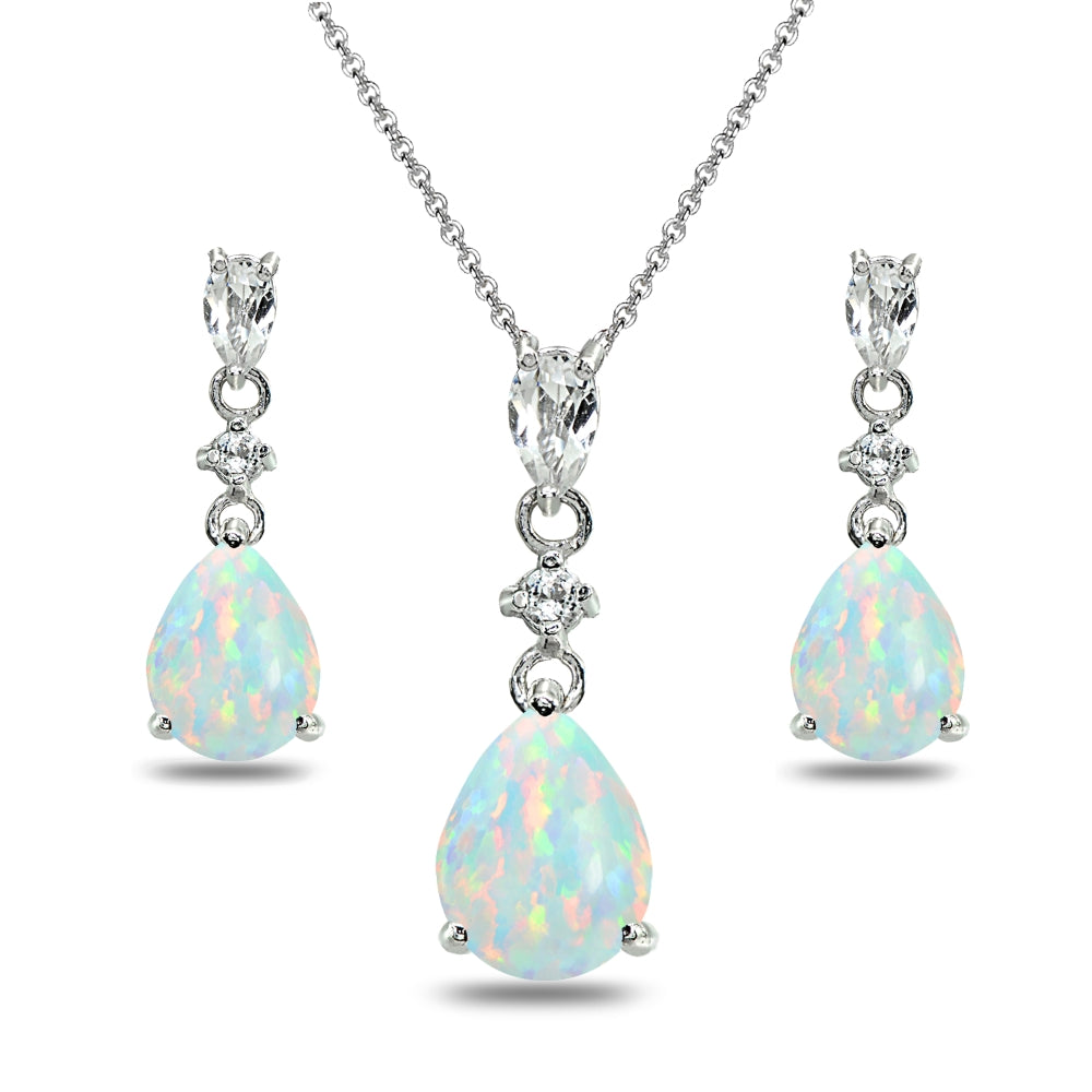 Sterling Silver Created White Opal & Topaz Pear-Cut Teardrop Dangling Stud Earrings & Necklace Set