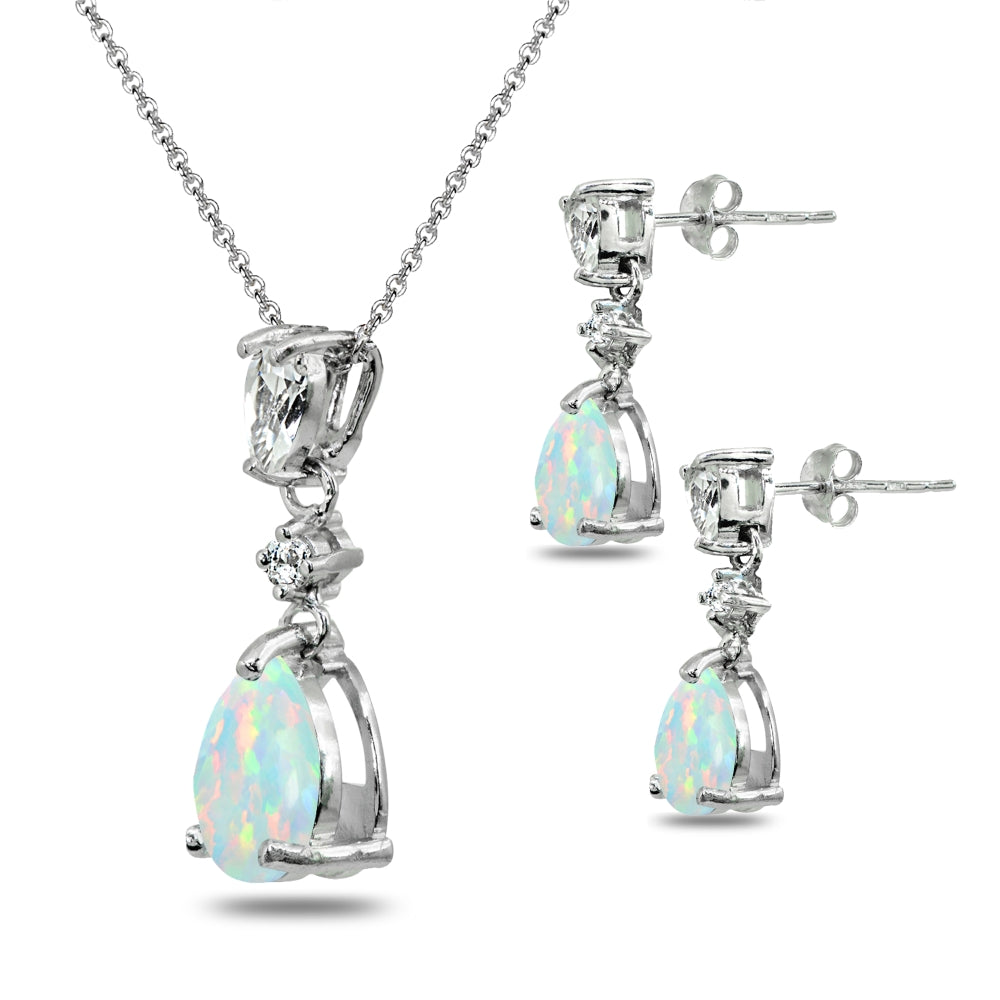 Sterling Silver Created White Opal & Topaz Pear-Cut Teardrop Dangling Stud Earrings & Necklace Set-2
