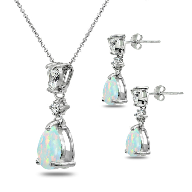 Sterling Silver Created White Opal & Topaz Pear-Cut Teardrop Dangling Stud Earrings & Necklace Set