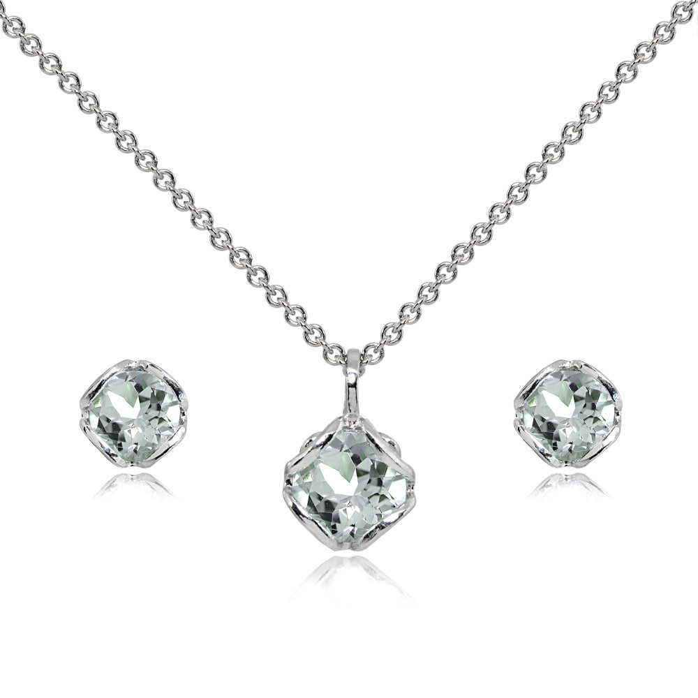 Sterling Silver Light Aquamarine 6mm Round Solitaire Stud Earrings & Pendant Necklace Set