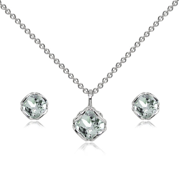 Sterling Silver Light Aquamarine 6mm Round Solitaire Stud Earrings & Pendant Necklace Set