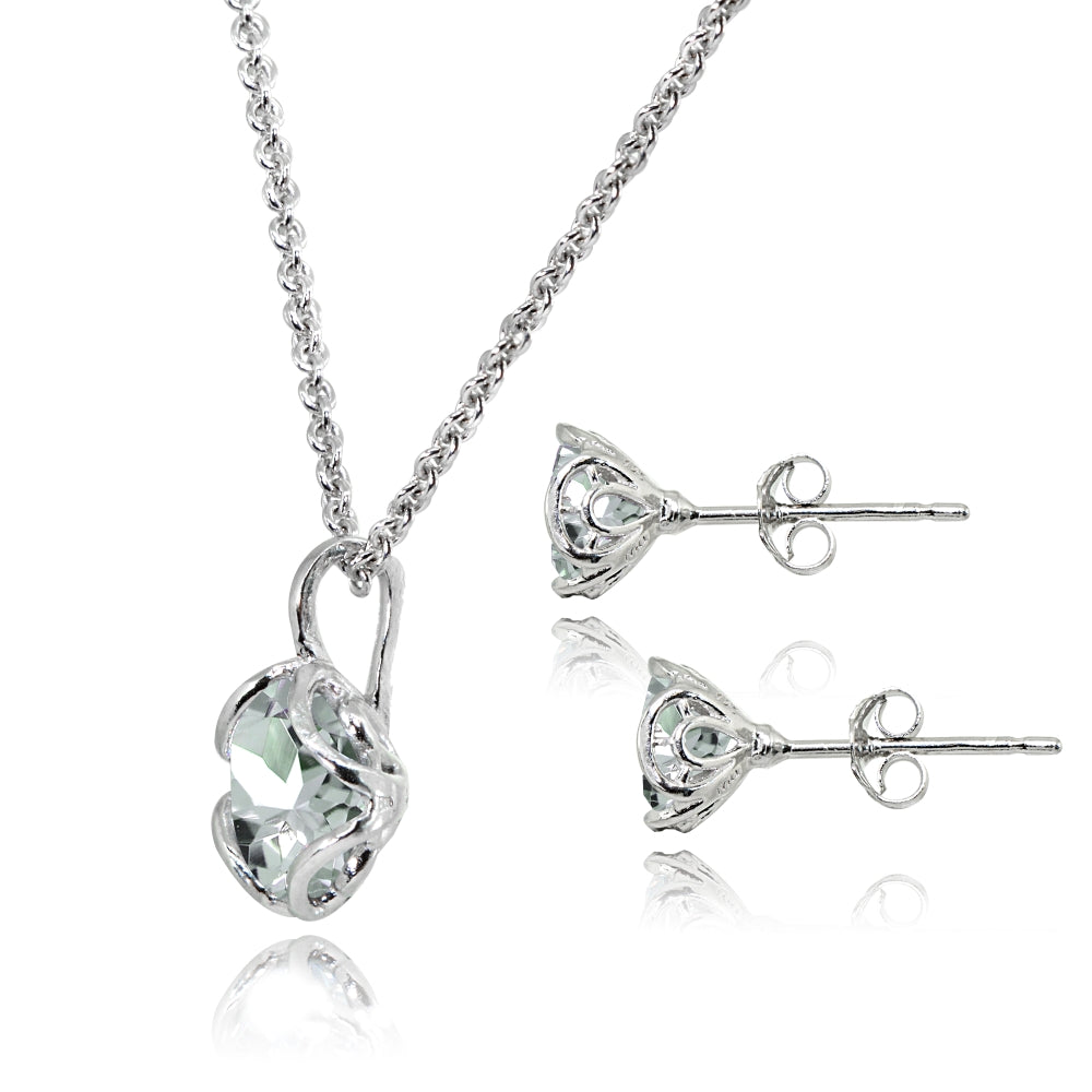 Sterling Silver Light Aquamarine 6mm Round Solitaire Stud Earrings & Pendant Necklace Set-2
