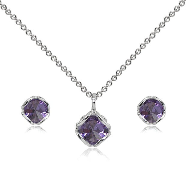 Sterling Silver Created Alexandrite 6mm Round Solitaire Stud Earrings & Pendant Necklace Set