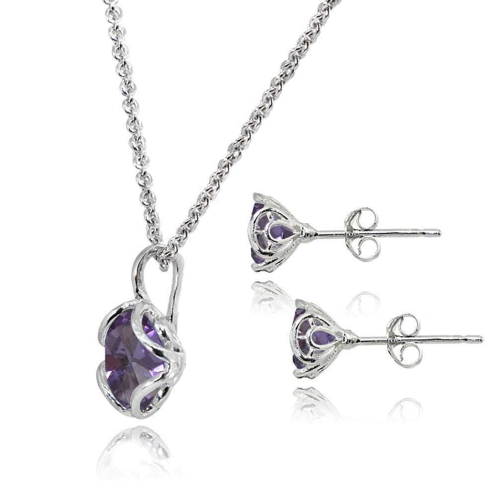 Sterling Silver Created Alexandrite 6mm Round Solitaire Stud Earrings & Pendant Necklace Set-2