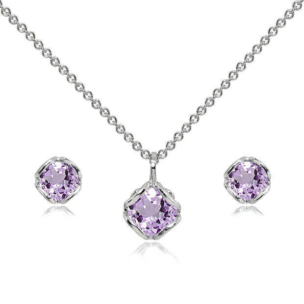Sterling Silver Amethyst 6mm Round Solitaire Stud Earrings & Pendant Necklace Set