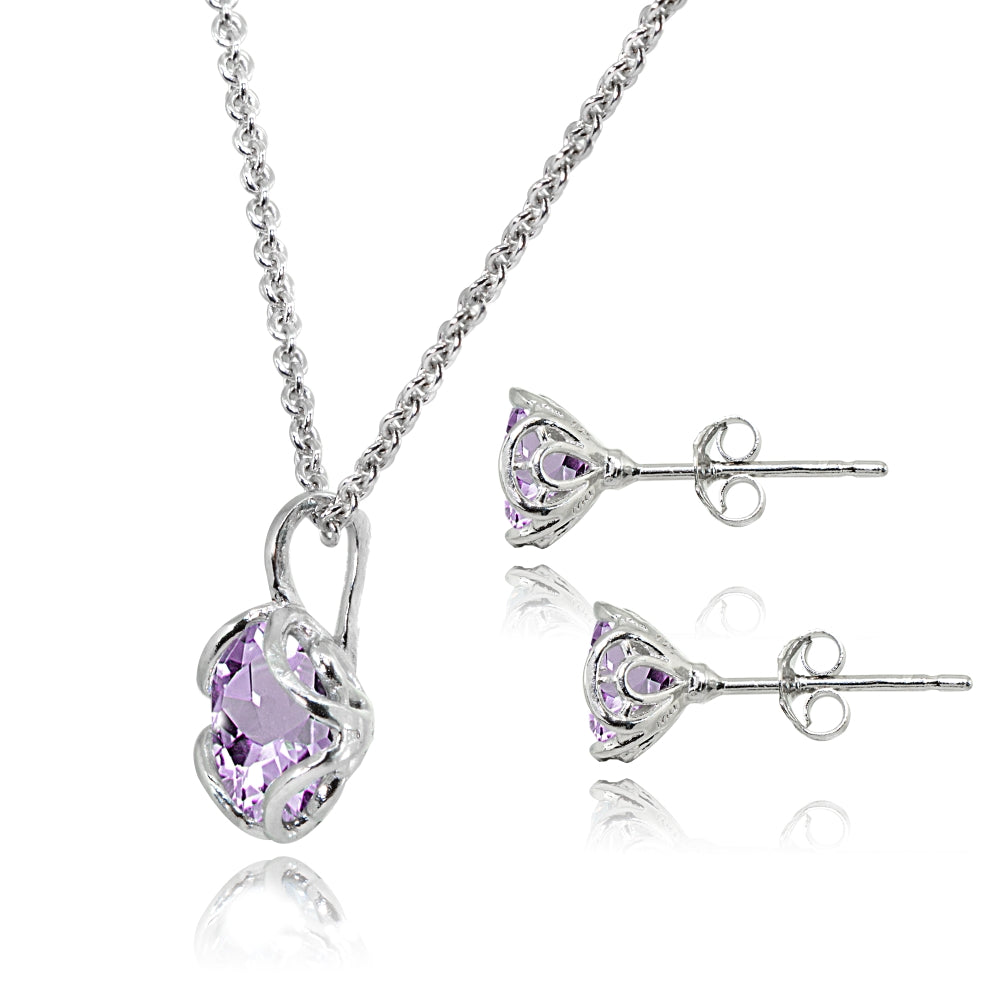 Sterling Silver Amethyst 6mm Round Solitaire Stud Earrings & Pendant Necklace Set-2