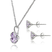 Sterling Silver Amethyst 6mm Round Solitaire Stud Earrings & Pendant Necklace Set