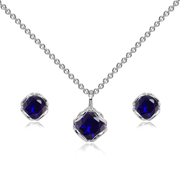 Sterling Silver Created Blue Sapphire 6mm Round Solitaire Stud Earrings & Pendant Necklace Set