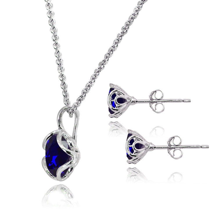 Sterling Silver Created Blue Sapphire 6mm Round Solitaire Stud Earrings & Pendant Necklace Set