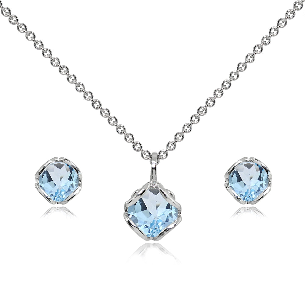 Sterling Silver Blue Topaz 6mm Round Solitaire Stud Earrings & Pendant Necklace Set