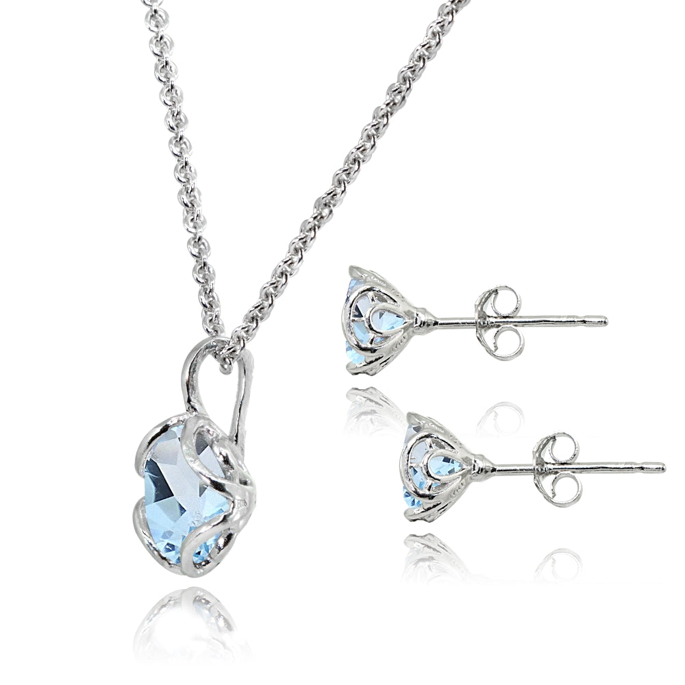 Sterling Silver Blue Topaz 6mm Round Solitaire Stud Earrings & Pendant Necklace Set-2