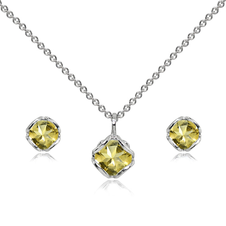 Sterling Silver Citrine 6mm Round Solitaire Stud Earrings & Pendant Necklace Set