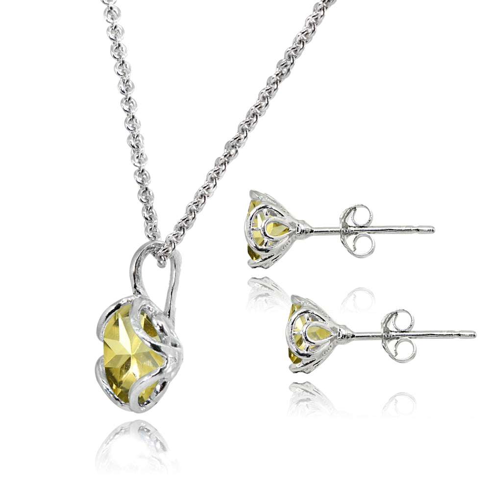 Sterling Silver Citrine 6mm Round Solitaire Stud Earrings & Pendant Necklace Set-2