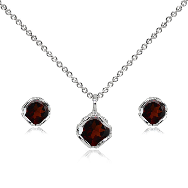 Sterling Silver Garnet 6mm Round Solitaire Stud Earrings & Pendant Necklace Set