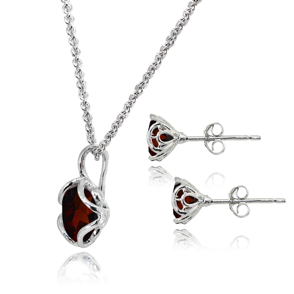 Sterling Silver Garnet 6mm Round Solitaire Stud Earrings & Pendant Necklace Set-2