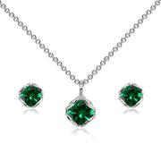 Sterling Silver Simulated Emerald 6mm Round Solitaire Stud Earrings & Pendant Necklace Set