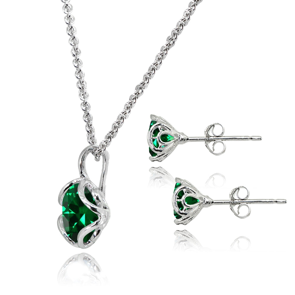 Sterling Silver Simulated Emerald 6mm Round Solitaire Stud Earrings & Pendant Necklace Set-2