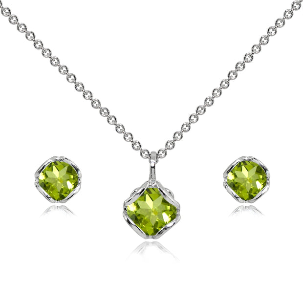 Sterling Silver Peridot 6mm Round Solitaire Stud Earrings & Pendant Necklace Set