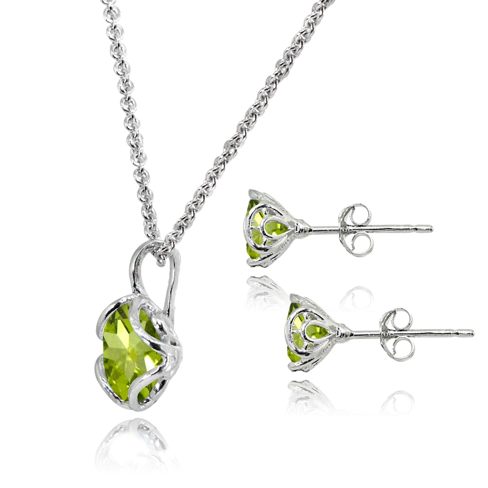 Sterling Silver Peridot 6mm Round Solitaire Stud Earrings & Pendant Necklace Set-2