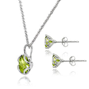 Sterling Silver Peridot 6mm Round Solitaire Stud Earrings & Pendant Necklace Set