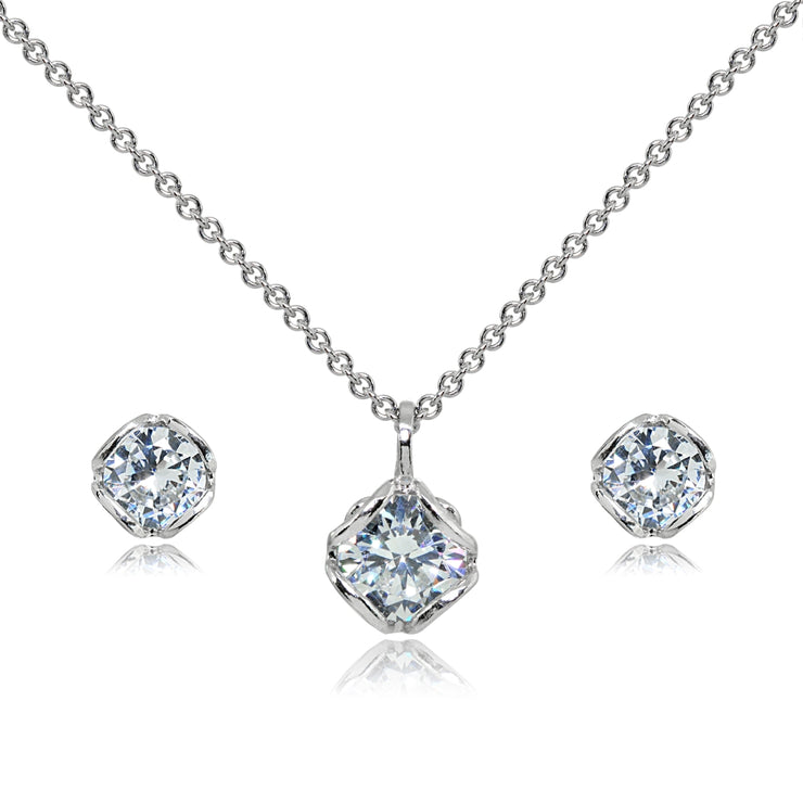 Sterling Silver Cubic Zirconia 6mm Round Solitaire Stud Earrings & Pendant Necklace Set