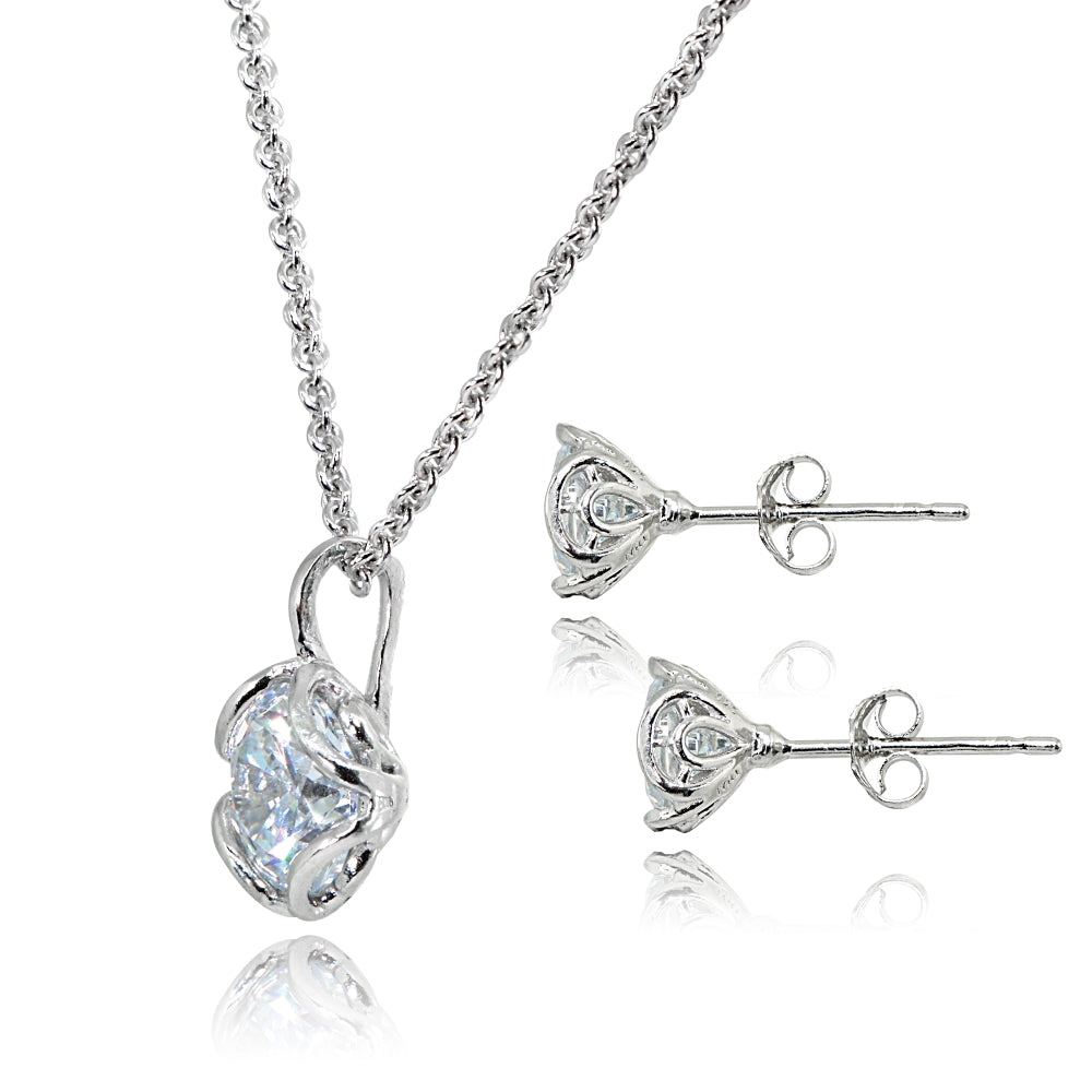 Sterling Silver Cubic Zirconia 6mm Round Solitaire Stud Earrings & Pendant Necklace Set-2