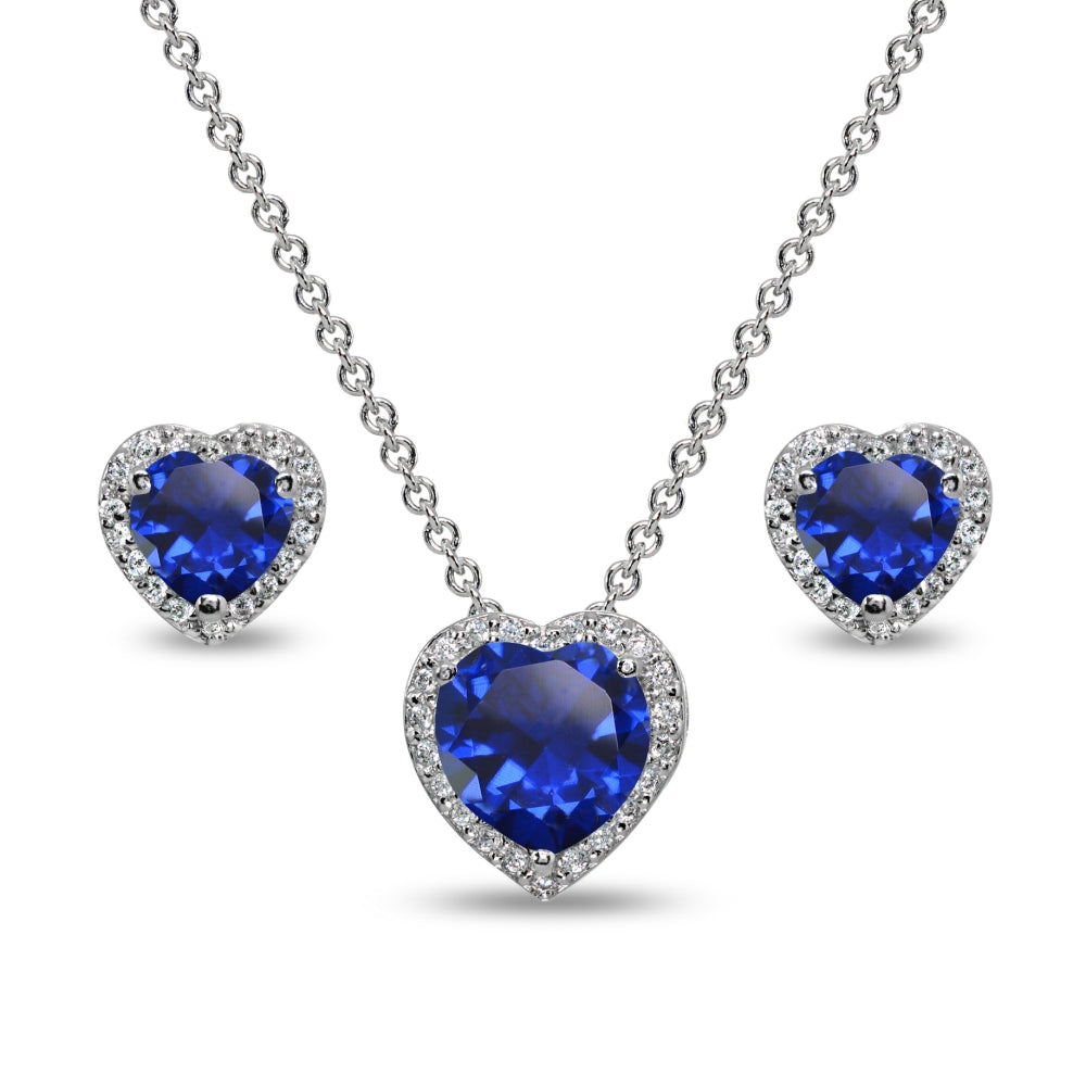 Sterling Silver Created Blue Sapphire & CZ Accents Halo Heart Stud Earrings & Slide Necklace Set