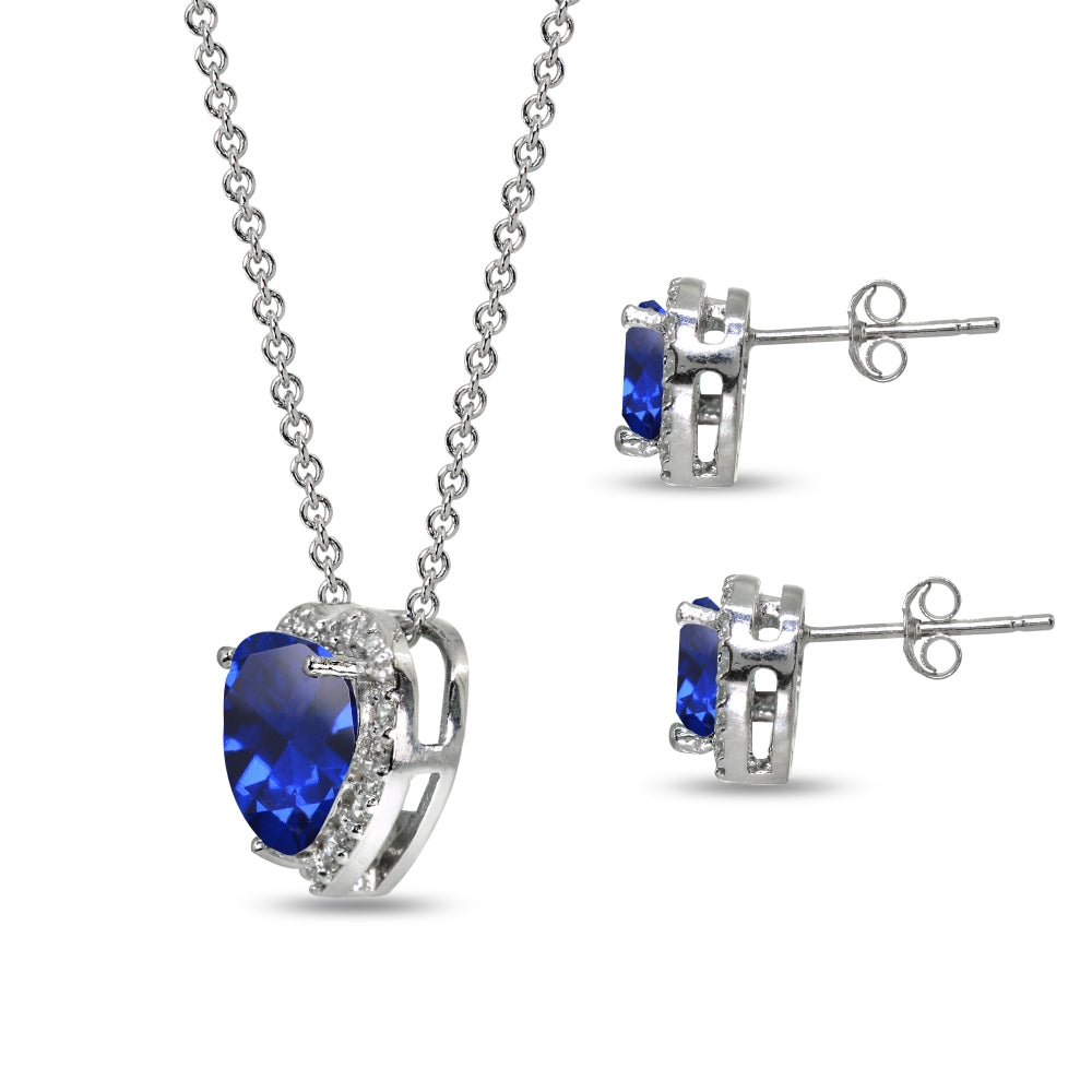 Sterling Silver Created Blue Sapphire & CZ Accents Halo Heart Stud Earrings & Slide Necklace Set-2