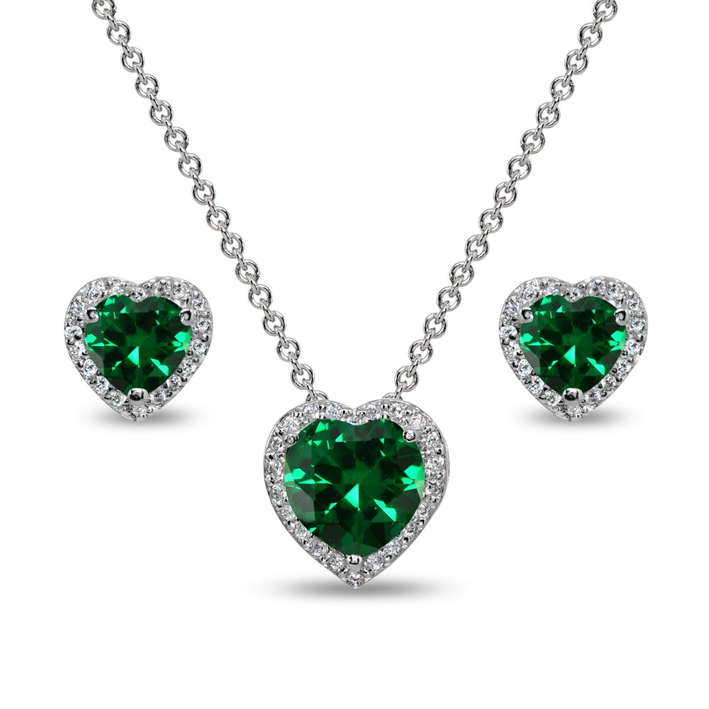 Sterling Silver Simulated Emerald & CZ Accents Halo Heart Stud Earrings & Slide Necklace Set