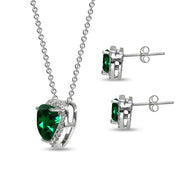 Sterling Silver Simulated Emerald & CZ Accents Halo Heart Stud Earrings & Slide Necklace Set