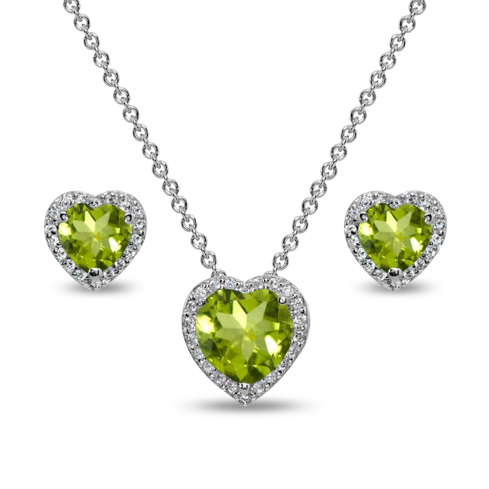 Sterling Silver Peridot & CZ Accents Halo Heart Stud Earrings & Slide Necklace Set