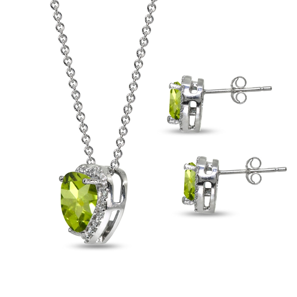 Sterling Silver Peridot & CZ Accents Halo Heart Stud Earrings & Slide Necklace Set-2
