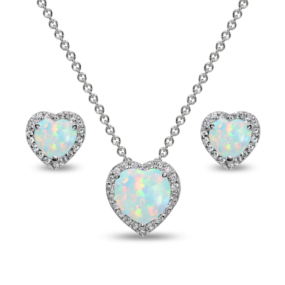 Sterling Silver Created White Opal & CZ Accents Halo Heart Stud Earrings & Slide Necklace Set
