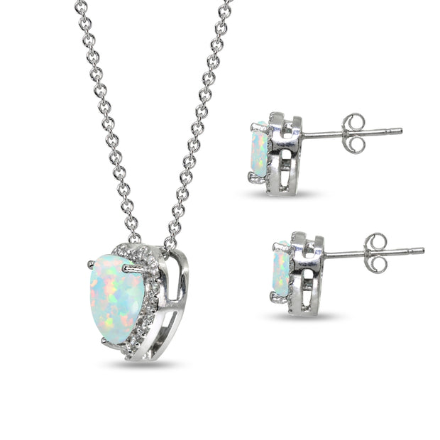 Sterling Silver Created White Opal & CZ Accents Halo Heart Stud Earrings & Slide Necklace Set