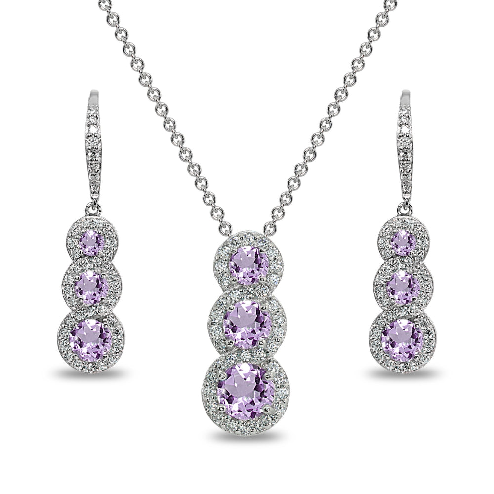 Sterling Silver Amethyst Journey Halo Three-Stone Leverback Earrings & Slide Necklace Set