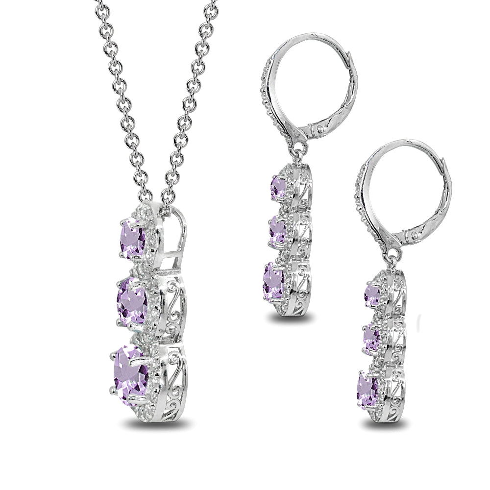 Sterling Silver Amethyst Journey Halo Three-Stone Leverback Earrings & Slide Necklace Set-2