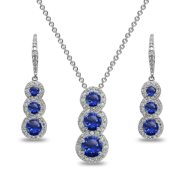 Sterling Silver Created Blue Sapphire Journey Halo Three-Stone Leverback Earrings & Slide Necklace Set