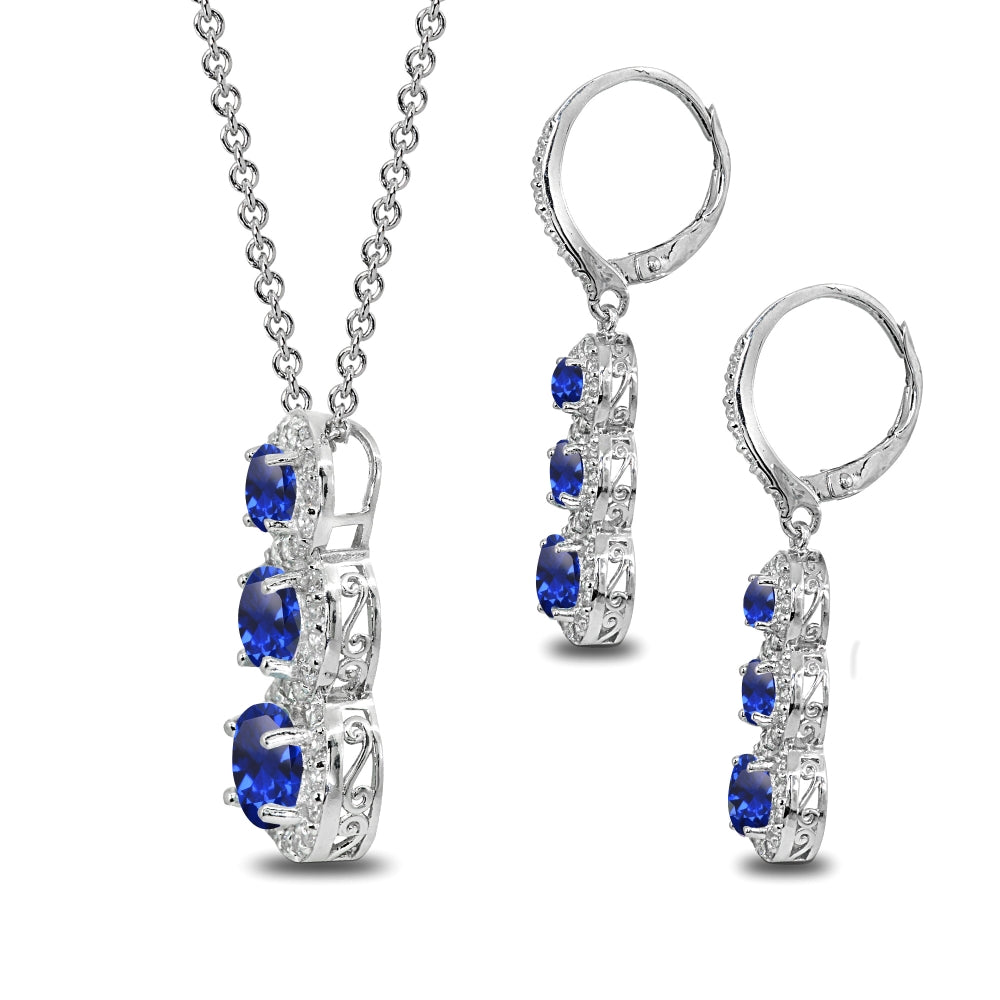 Sterling Silver Created Blue Sapphire Journey Halo Three-Stone Leverback Earrings & Slide Necklace Set-2
